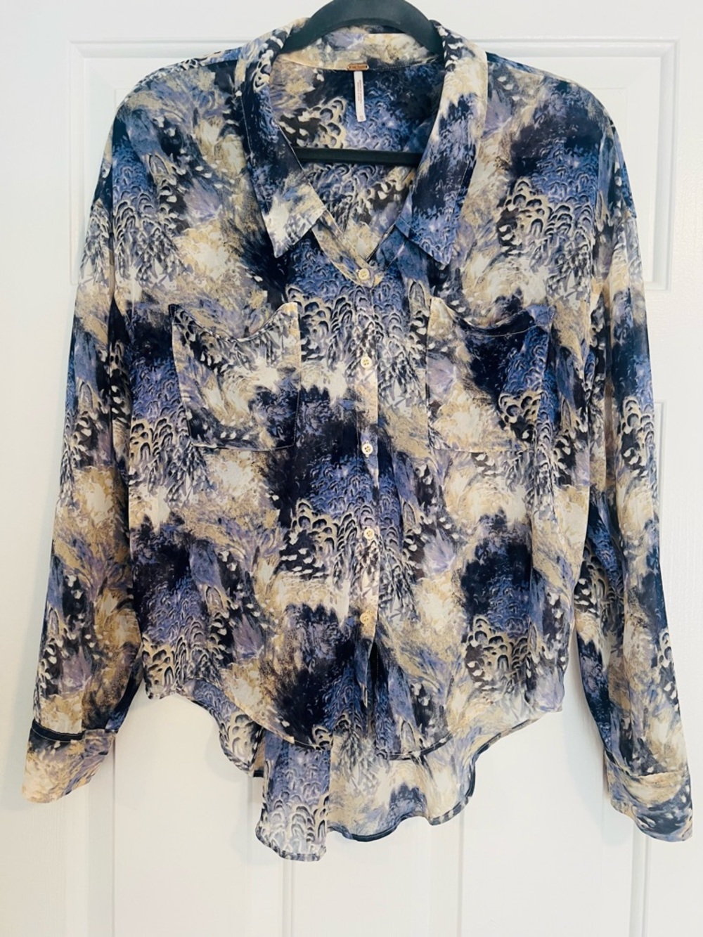 Free People Abstract Watercolor Sheer Button-Down Shirt - Blue & Cream